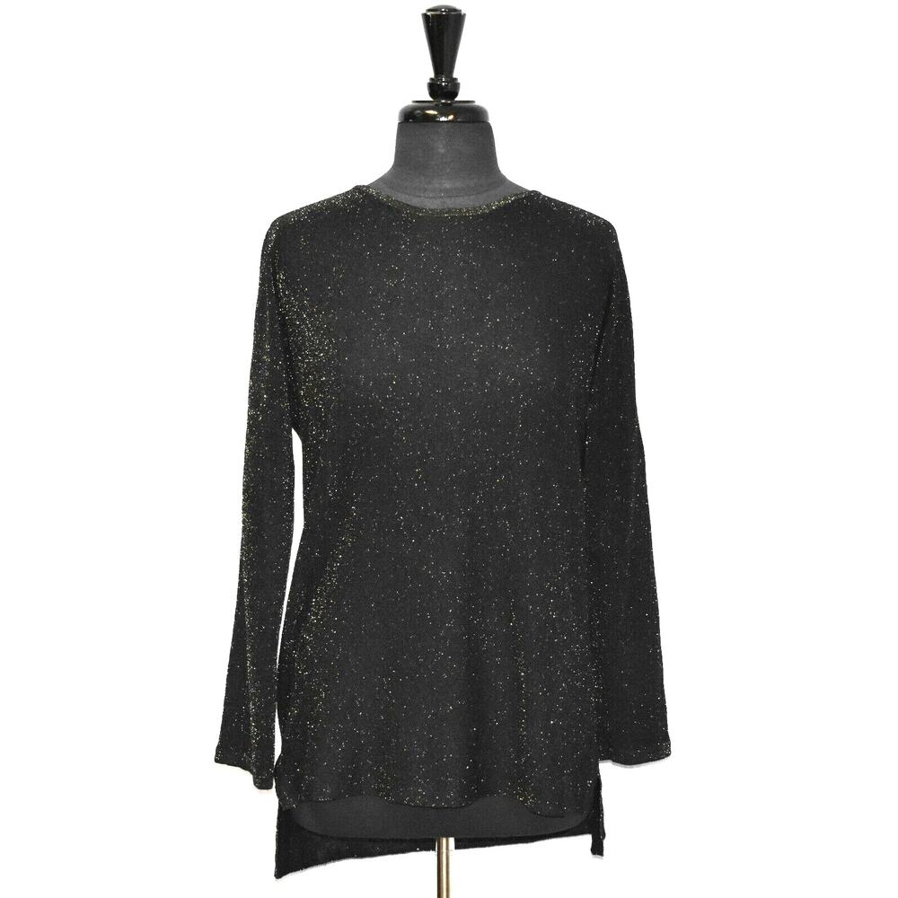 A4 NEW EILEEN FISHER Black W/Metallic Mesh Knit Organic Linen Blend Top Size XS